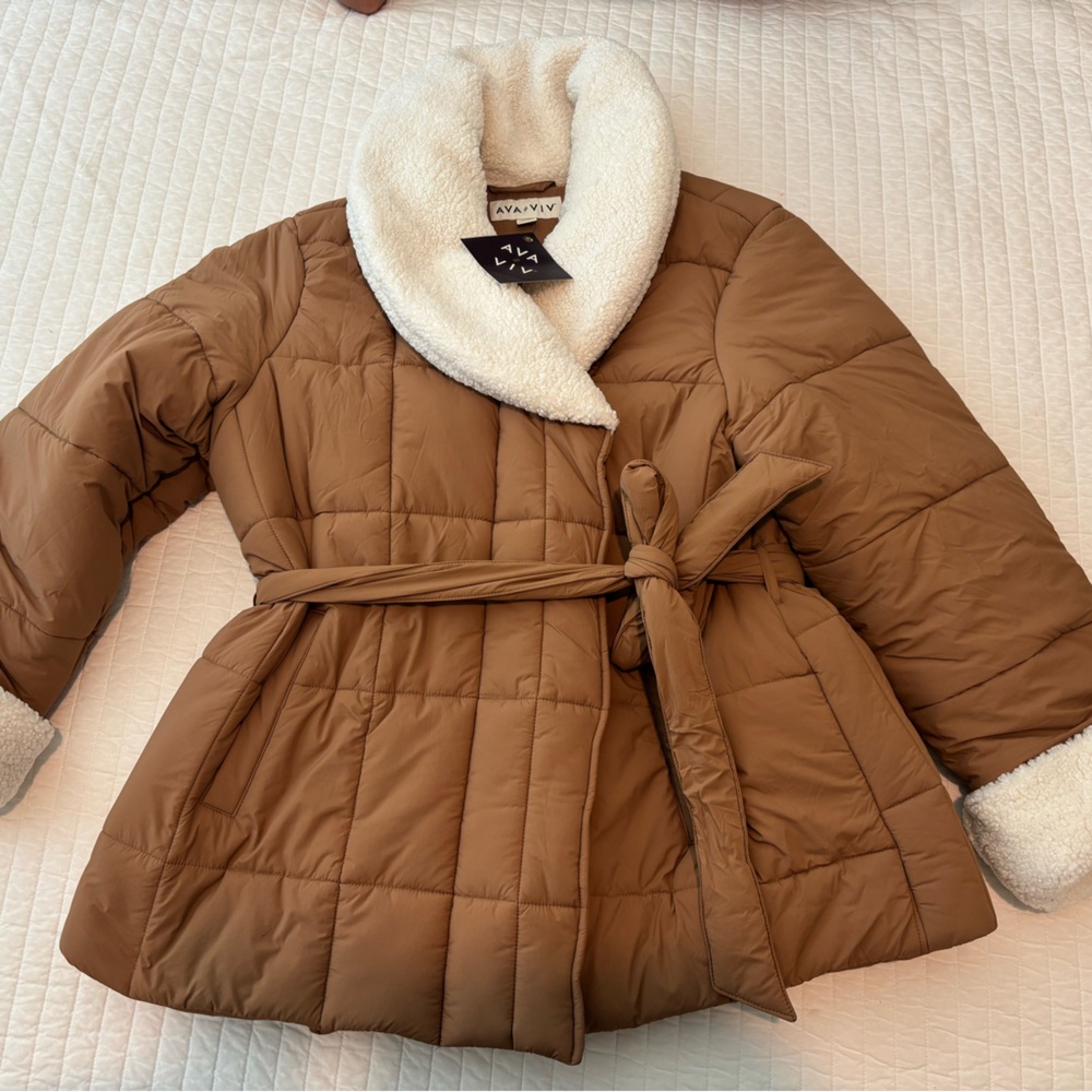 a new day Brown Belted Puffer Coat with Cream Sherpa Trim